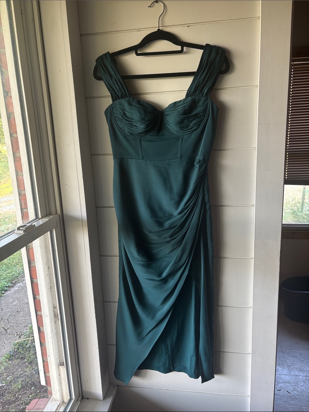 Self Portrait Emerald Green Ruched Midi Dress